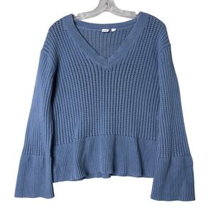 Gap Relaxed Crochet V Neck Sweater Womens S Bainbridge Blue Drop Shoulder‎ Beach